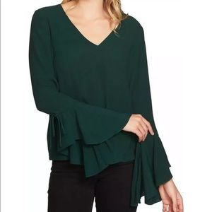 1. State V-Neck Cascade Long Flare Sleeve Green Blouse S ($89)